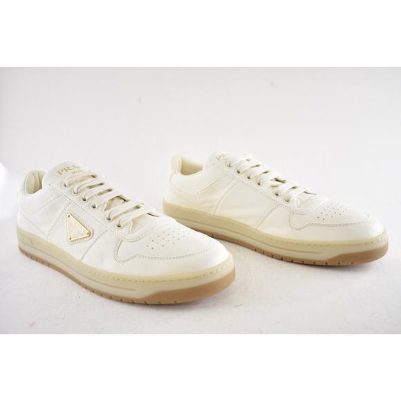 Prada Downtown Ivory Nappa Leather Gold Logo Flat Low Top Trainer Sneaker 41 - Picture 4 of 16